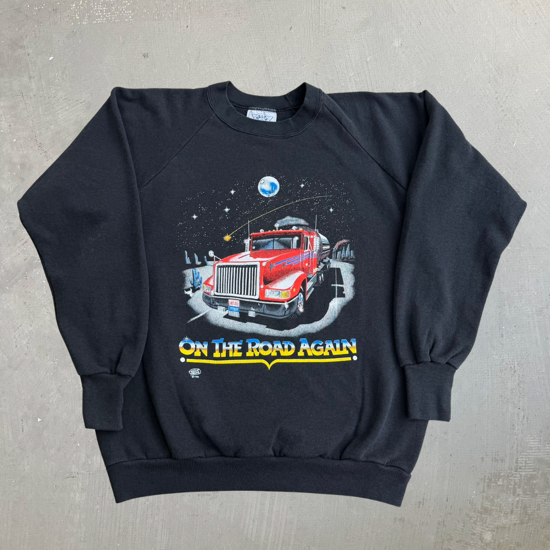 J- Vintage '90 Truckin' On Girard Ohio On The Road Again Graphic & Text Made In USA Crewneck - L