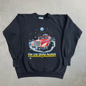 J- Vintage '90 Truckin' On Girard Ohio On The Road Again Graphic & Text Made In USA Crewneck - L