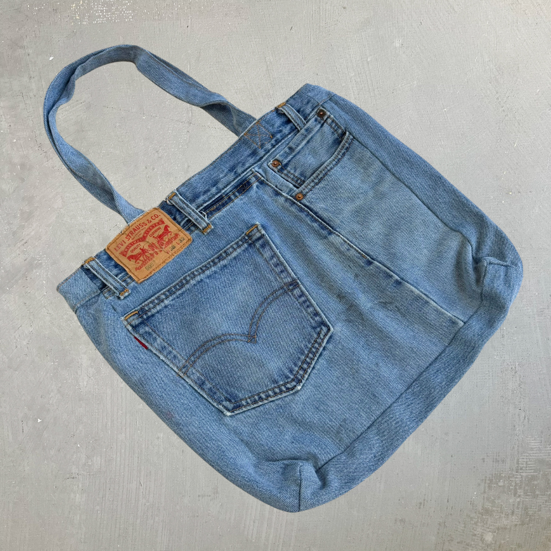 F- HOM Levi's 505 Medium Blue Denim Wash Reworked Denim/Jeans Tote Bag
