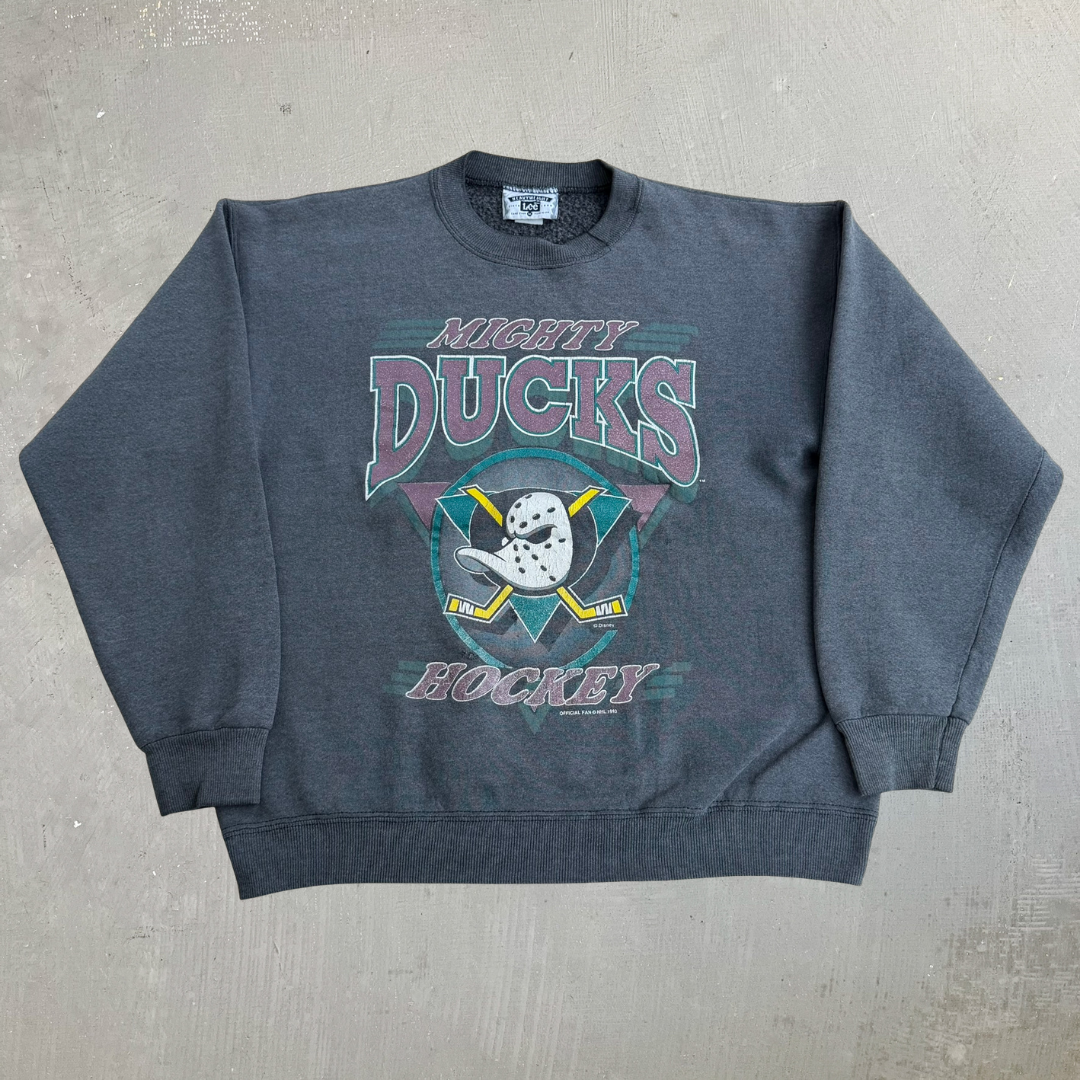 J- Vintage '93 Anaheim Mighty Ducks NHL Text & Graphic Made In USA Crewneck - M