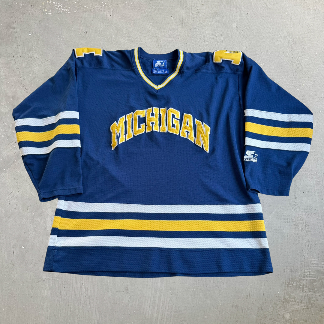 J- Vintage Starter University Of Michigan Embroidered Text Hockey Jersey - XL