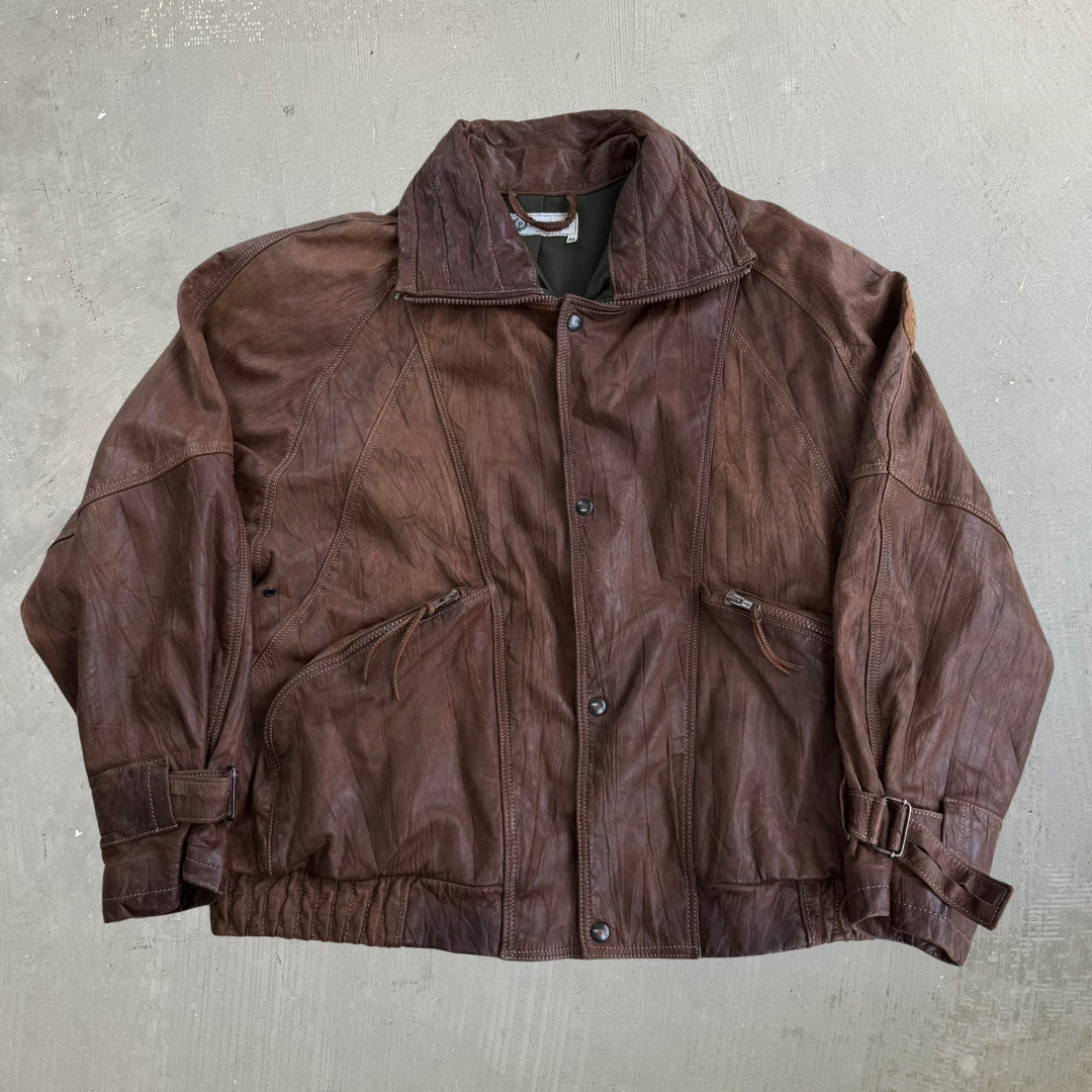 Vintage Pollini Made In Italy Embroidered Crest Zip Up Leather Jacket - M