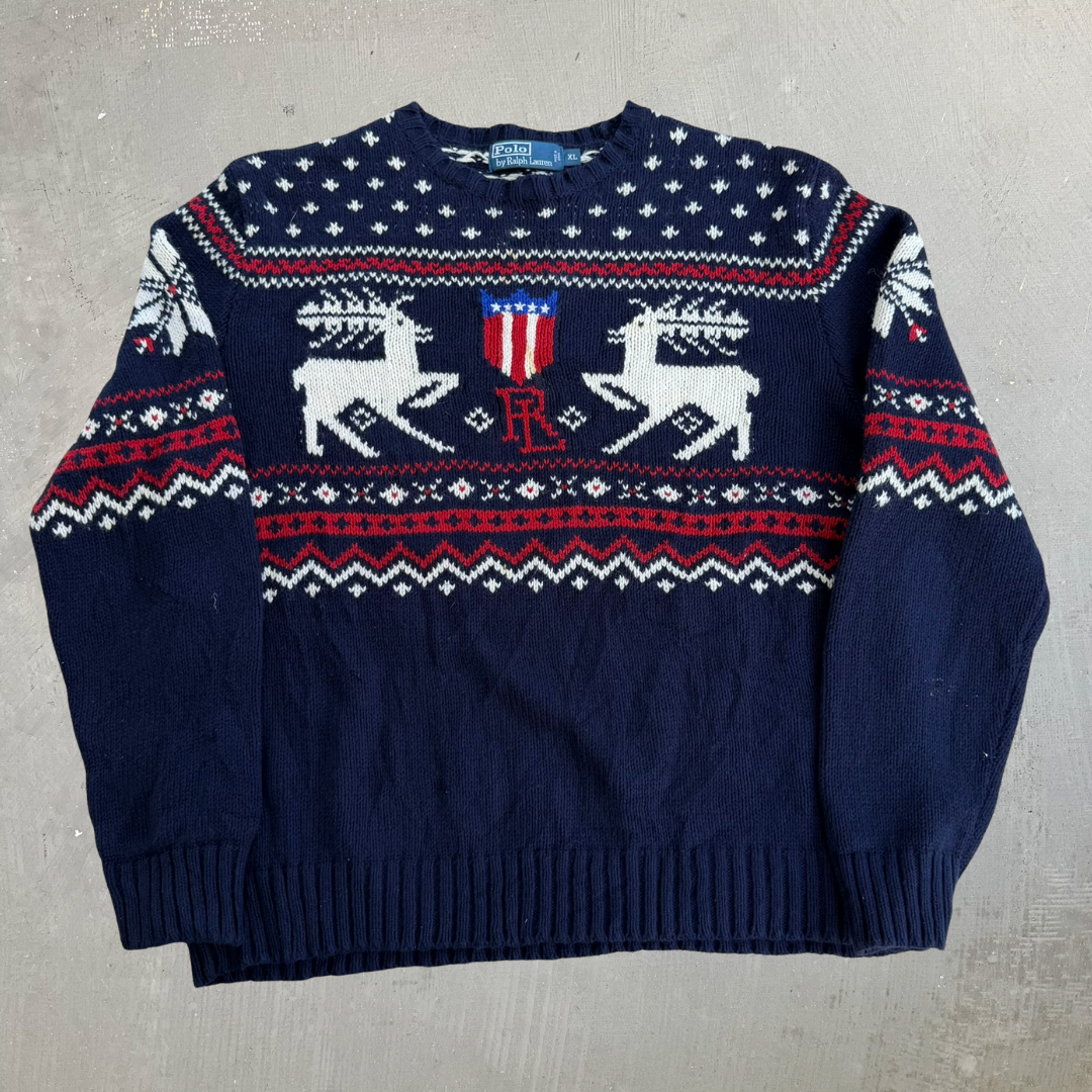 J- Vintage 90s Polo RL Deer & US Emblem Cotton Knit Sweater - XL