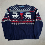 J- Vintage 90s Polo RL Deer & US Emblem Cotton Knit Sweater - XL