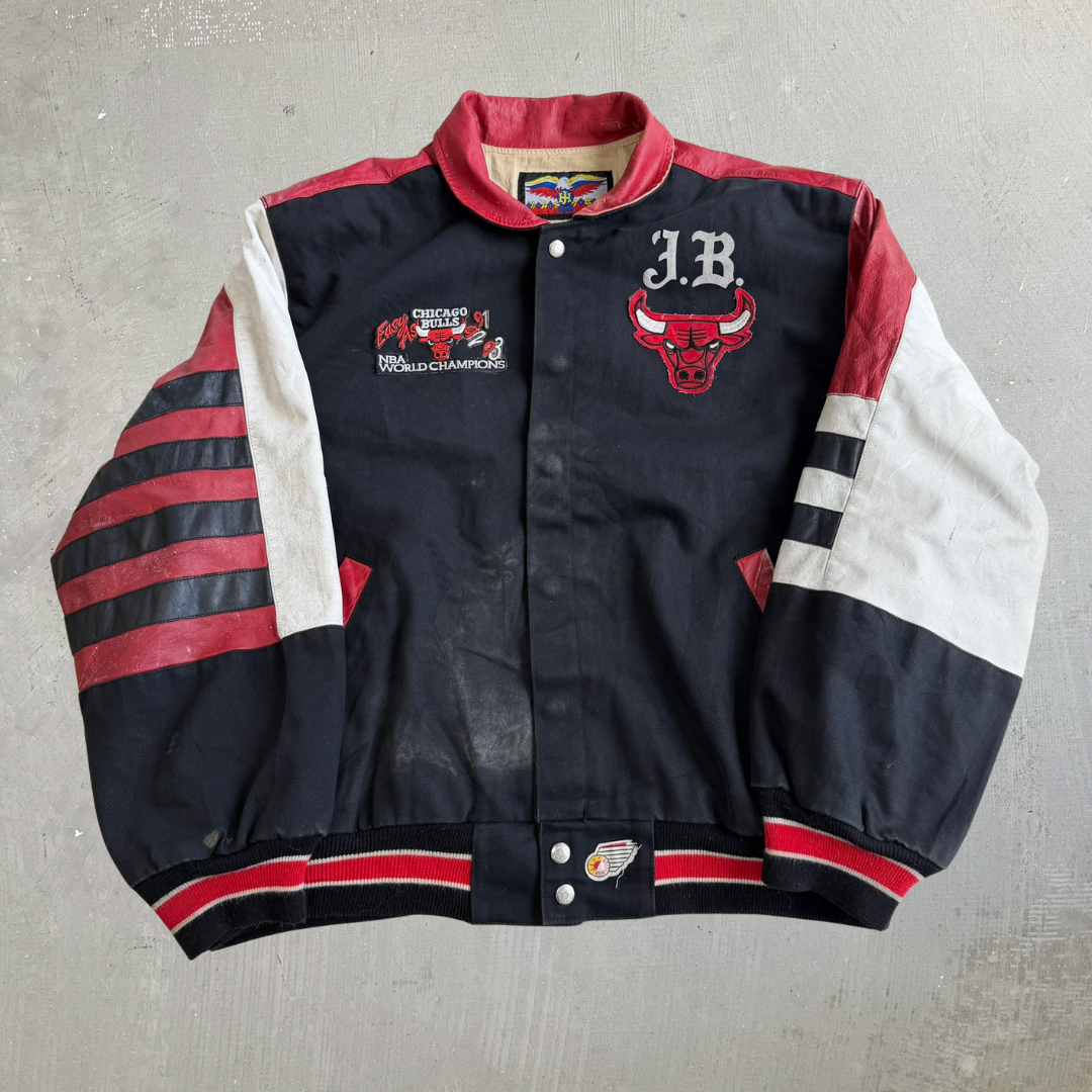J- Vintage '93 Chicago Bulls NBA Jeff Hamilton 3 Peat Leather Sleeve Varsity Jacket - XL
