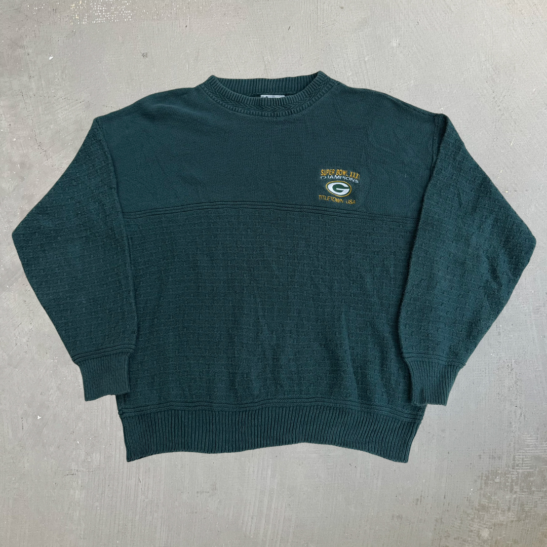 Vintage '97 Green Bay Packers Super Bowl Champs NFL Lee Embroidered Text Made In USA Knit Sweater - L