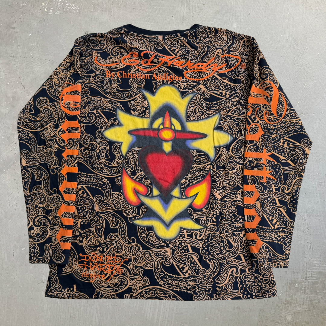 J- Vintage Ed Hardy Rhinestone Skull & Fire All Over Print Made In USA Long Sleeve Tee - XL