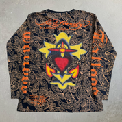 J- Vintage Ed Hardy Rhinestone Skull & Fire All Over Print Made In USA Long Sleeve Tee - XL