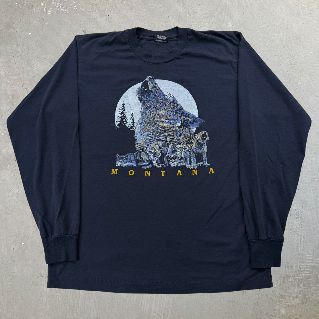 J- Vintage '91 Montana Wolves & Moon Graphic Made In USA Long Sleeve Tee - L