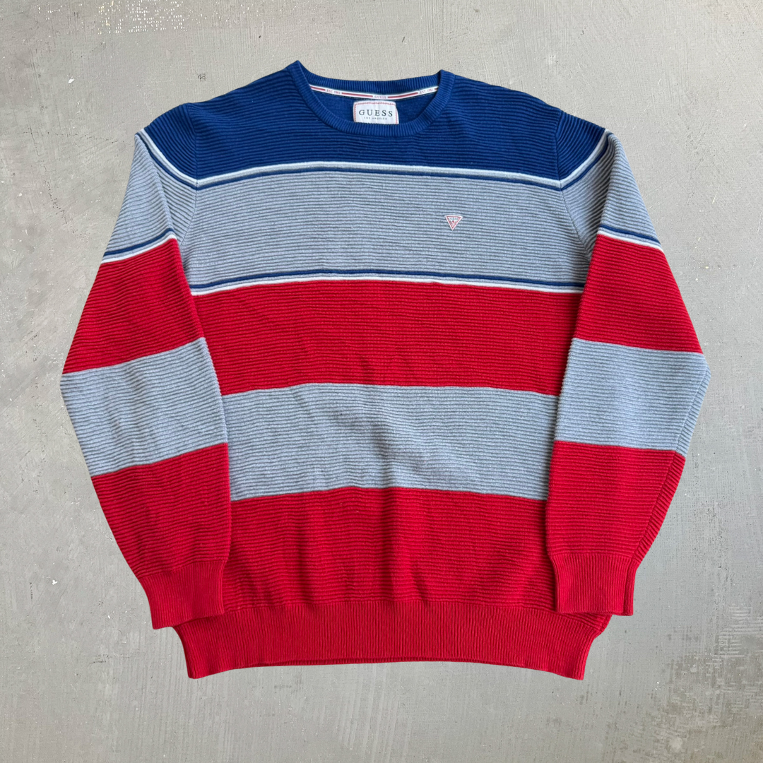 J- Vintage Guess Los Angeles Embroidered Logo Red/Grey/Navy Knit Sweater - L