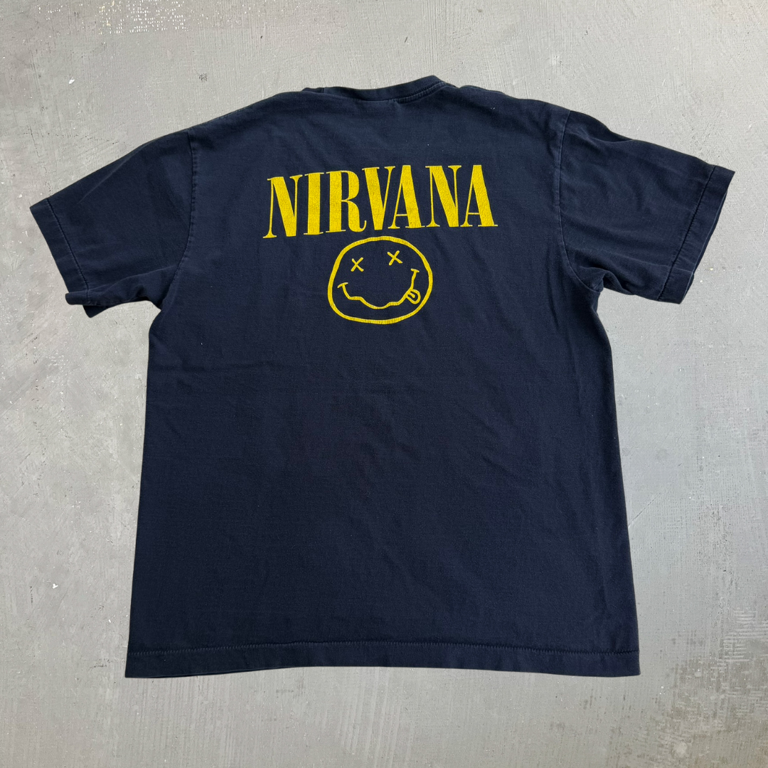 J- Vintage Nirvana Smiley Face Logo Single Stitch Tee - L