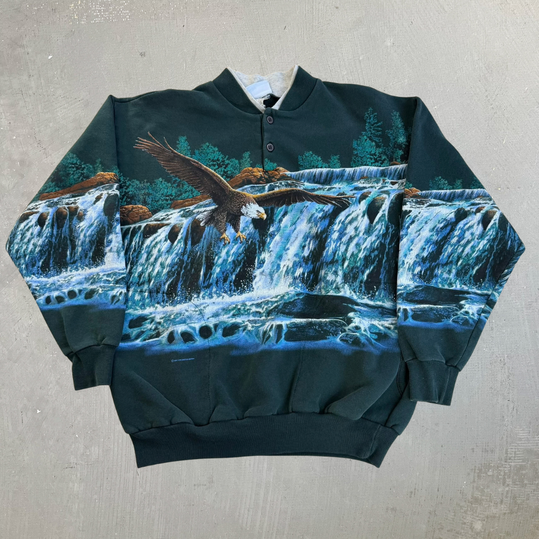 Vintage 90s Art Unlimited Eagles & Waterfall All Over Print Made In USA Henley Crewneck - M