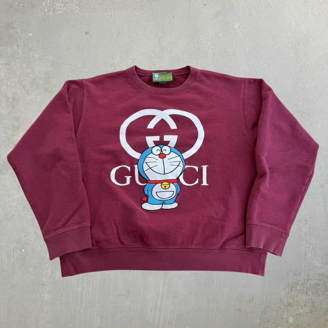 J- Bootleg Gucci Doraemon Text & Embroidered Graphic Crewneck - M