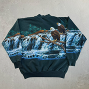 Vintage 90s Art Unlimited Eagles & Waterfall All Over Print Made In USA Henley Crewneck - M