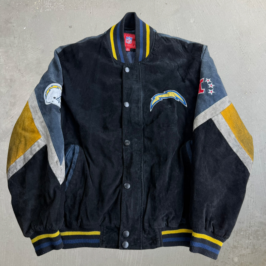 J- Vintage San Diego Chargers NFL Embroidered Logo Zip Up Suede Jacket - M