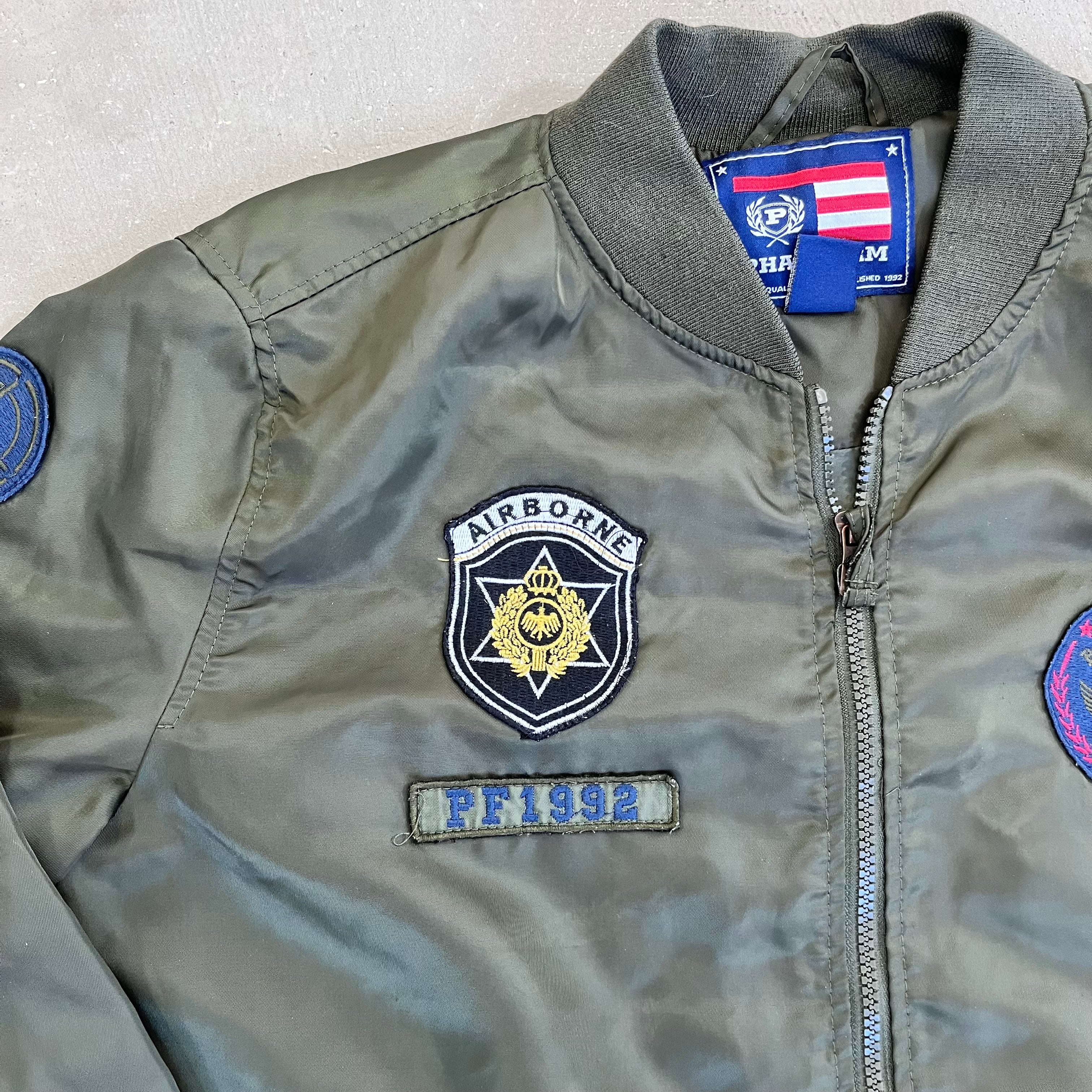 D- Vintage 1992 Phat Farm Satin Bomber Jacket w/ Patches