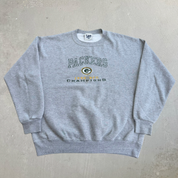 J- Vintage '96 Green Bay Packers NFL NFC Champions Embroidered Text Made In USA Crewneck - L