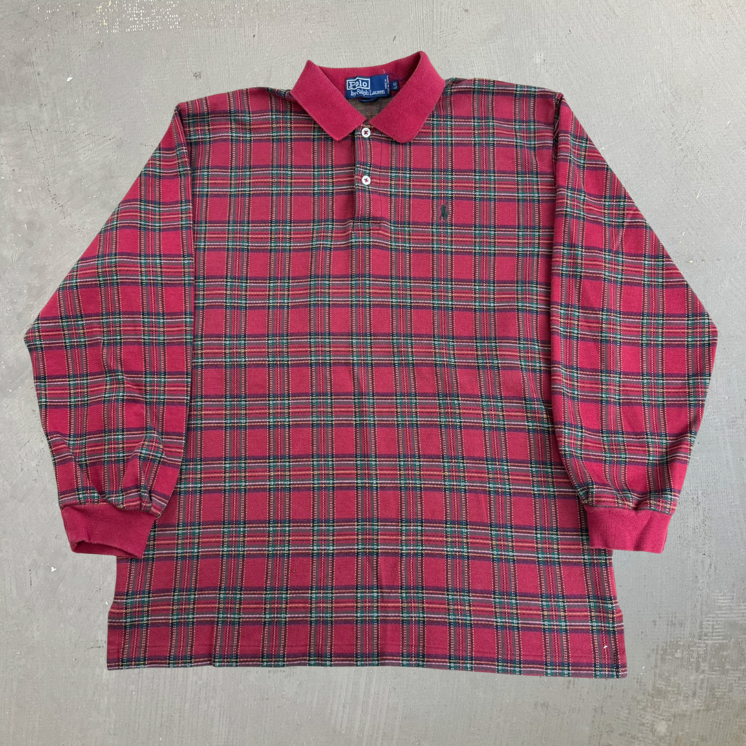 Vintage 90s Polo RL Plaid Embroidered Logo Made In Canada Long Sleeve Polo Shirt - L