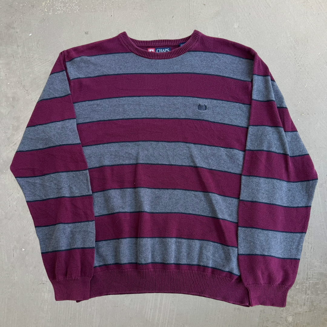 J- Vintage Chaps RL Embroidered Logo Dark Grey/Maroon Striped Knit Sweater - M