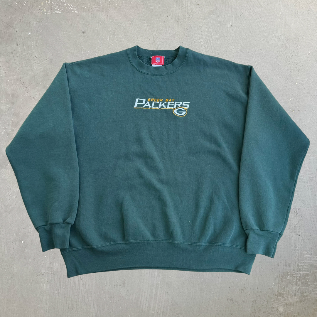 J- Vintage Green Bay Packers NFL Embroidered Graphic Text & Logo Crewneck - L