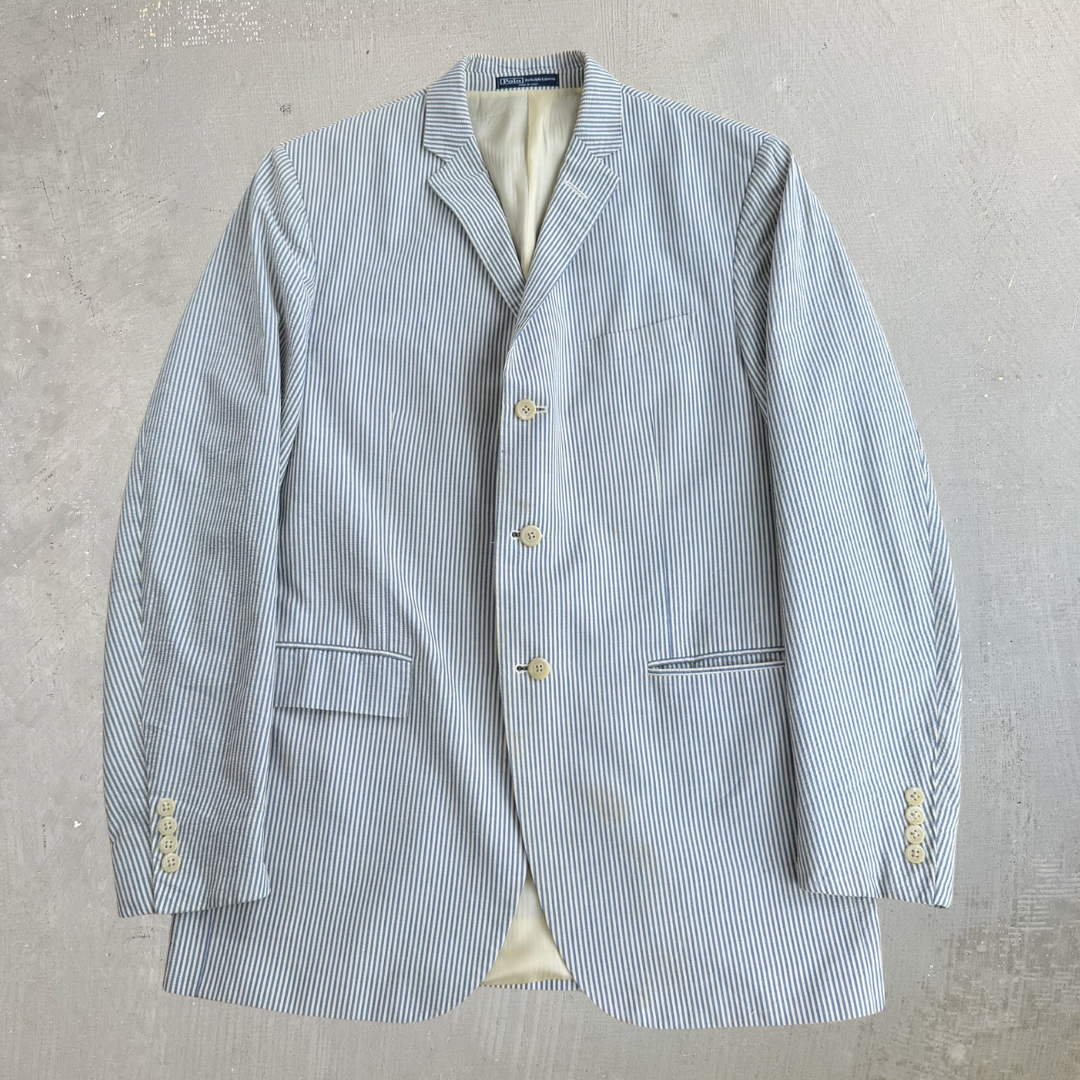 Vintage 90s Polo RL Made In Italy Blue Label 3-Button Seersucker Blazer - 44 L (fits XL)