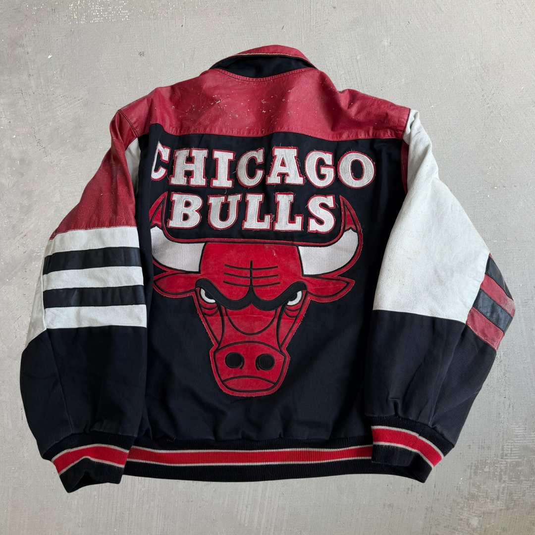 J- Vintage '93 Chicago Bulls NBA Jeff Hamilton 3 Peat Leather Sleeve Varsity Jacket - XL