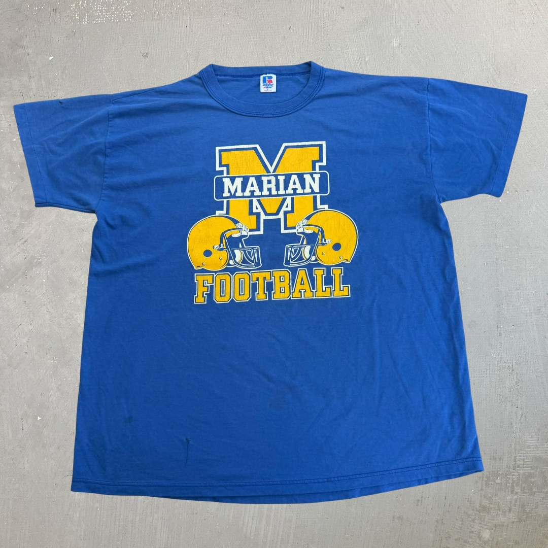 J-  Vintage Marian High School Football Graphic Russell Athletics Made In USA Single Stitch Tee - L