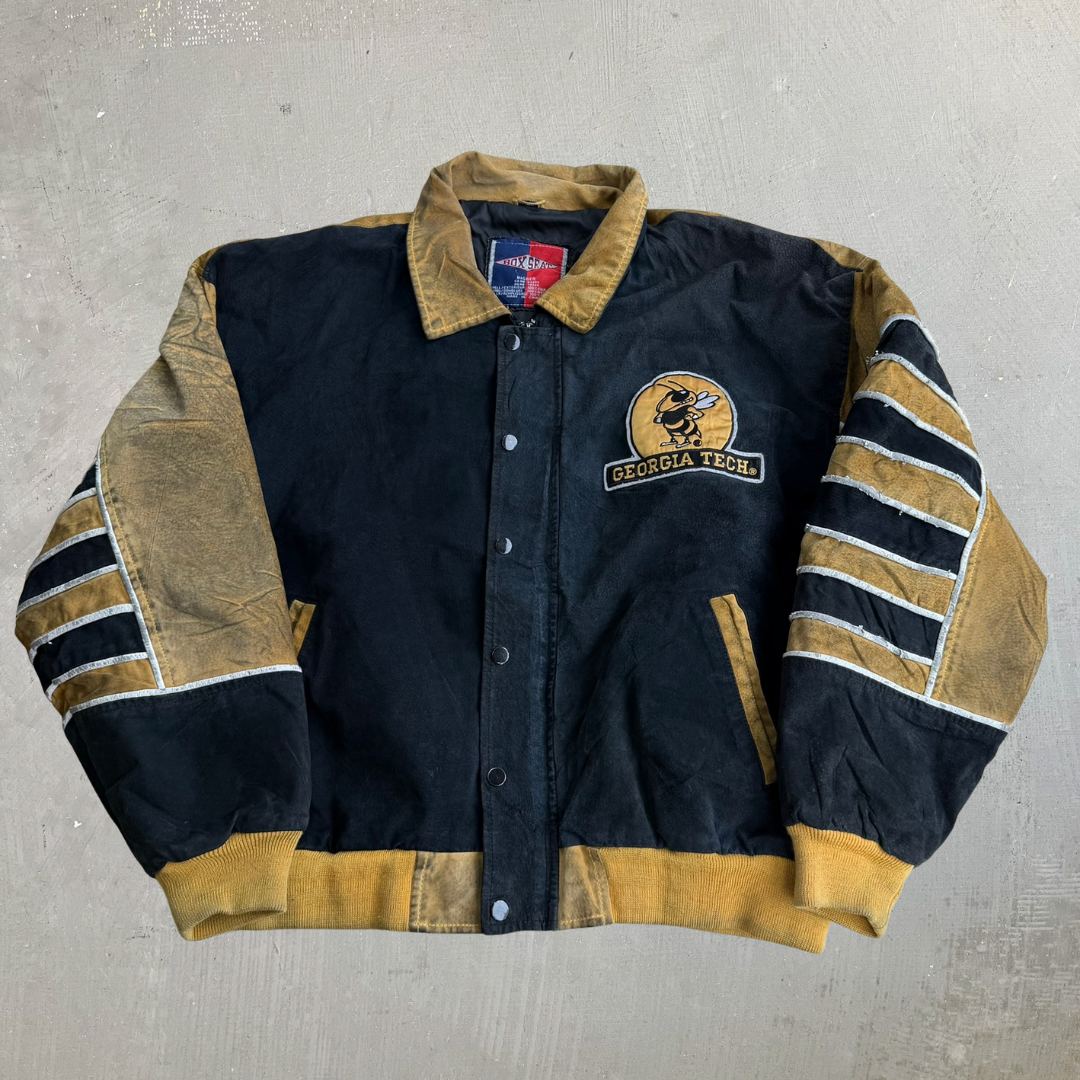 J- Vintage Georgia Tech Yellow Jackets Embroidered Logo Zip Up Suede Jacket - Bigger (fits XL)