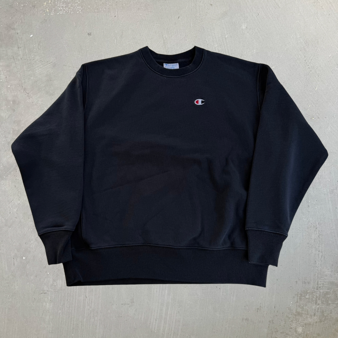 Vintage Champion Reverse Weave Embroidered Logo Black Crewneck - XL