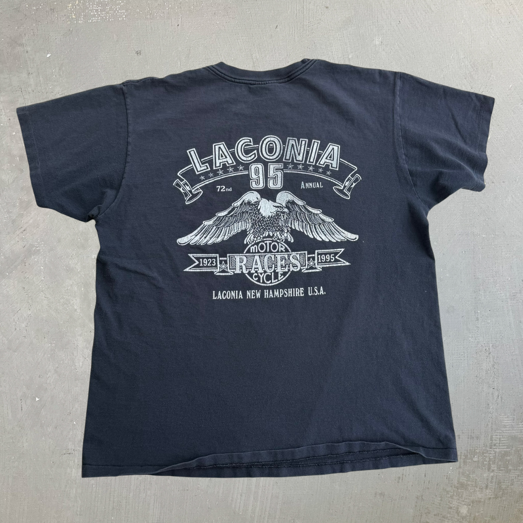 J- Vintage '95 Harley Davidson 3D Emblem Laconia Brothers In The Wind Made In USA Single Stitch Tee - L