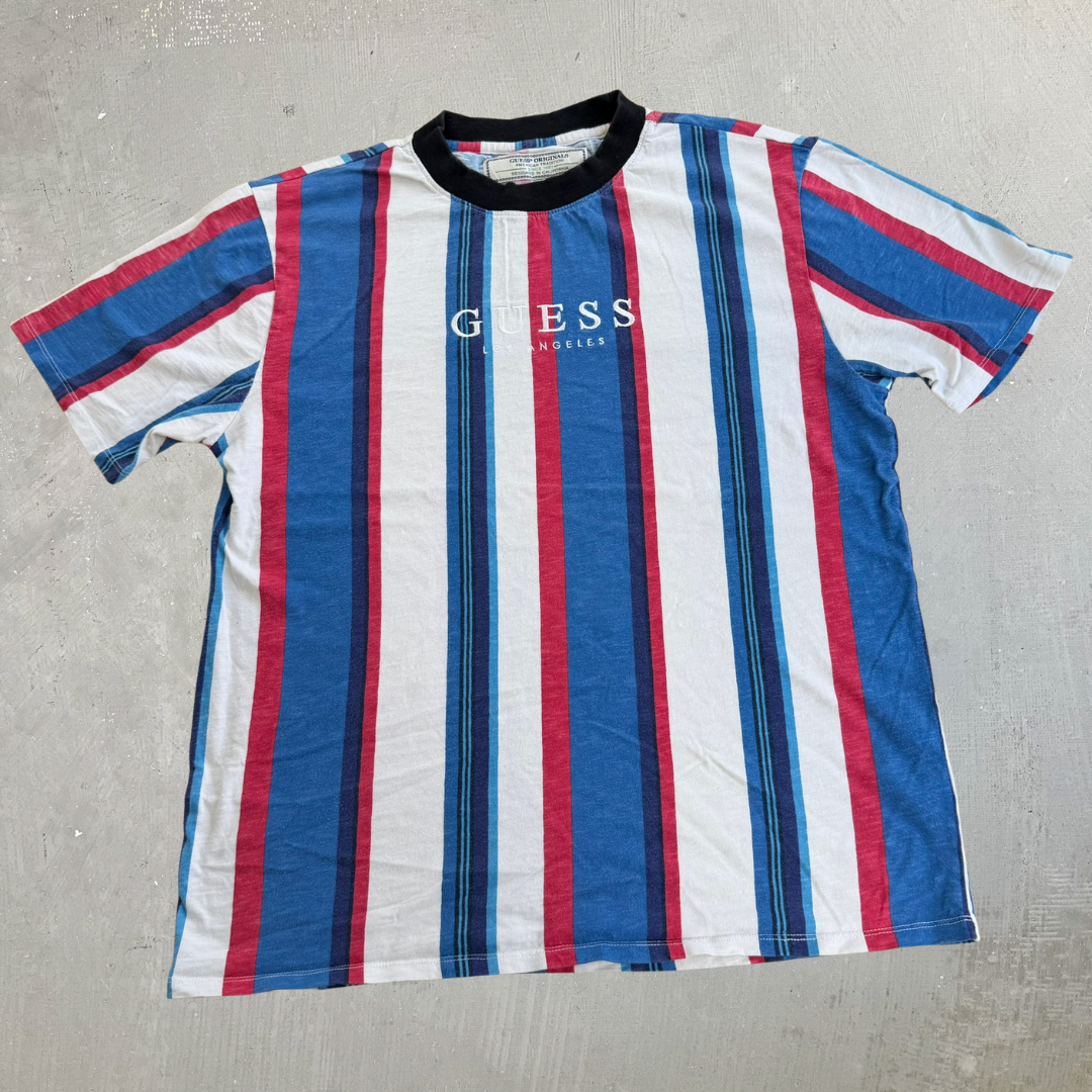 J- Vintage Guess Los Angeles Embroidered Logo Vertical Stripes Tee - M