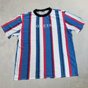 J- Vintage Guess Los Angeles Embroidered Logo Vertical Stripes Tee - M