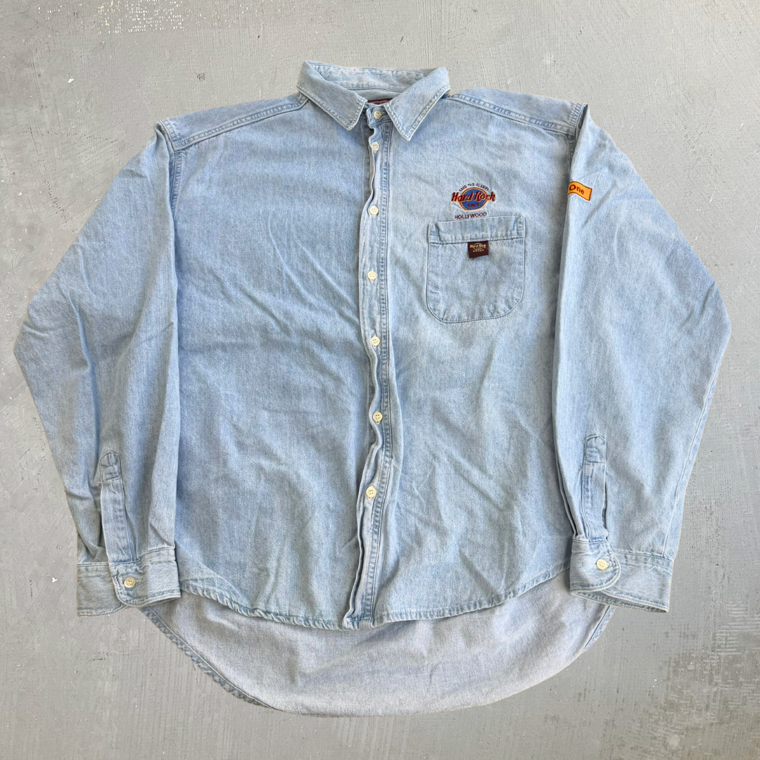 J- Vintage Hard Rock Cafe Hollywood Guitars Graphic Denim Button Down Shirt - XL