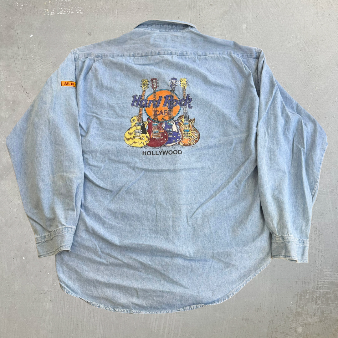 J- Vintage Hard Rock Cafe Hollywood Guitars Graphic Denim Button Down Shirt - XL