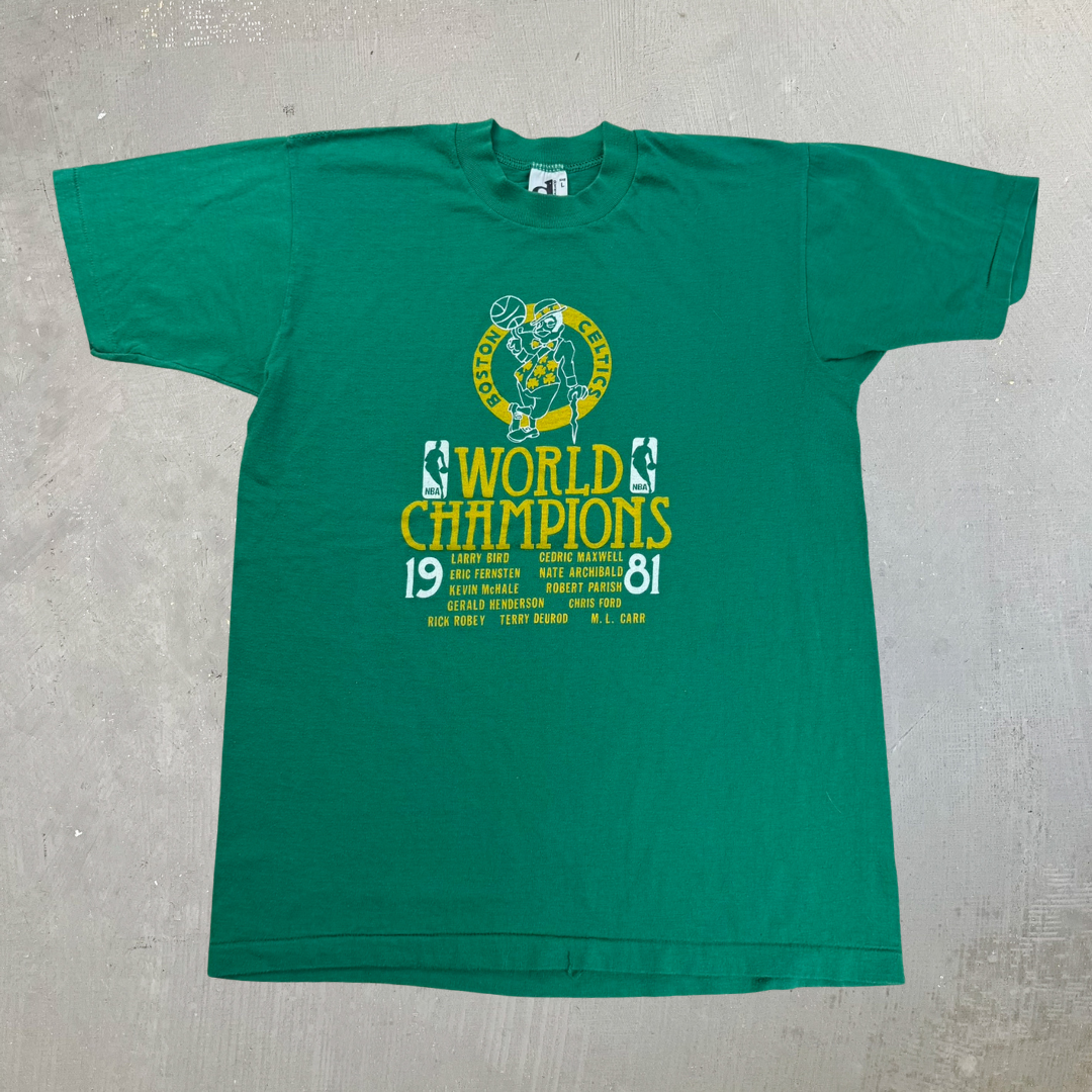 J- Vintage '81 Boston Celtics NBA World Champions Graphic Made In USA Single Stitch Tee - L (fits M)