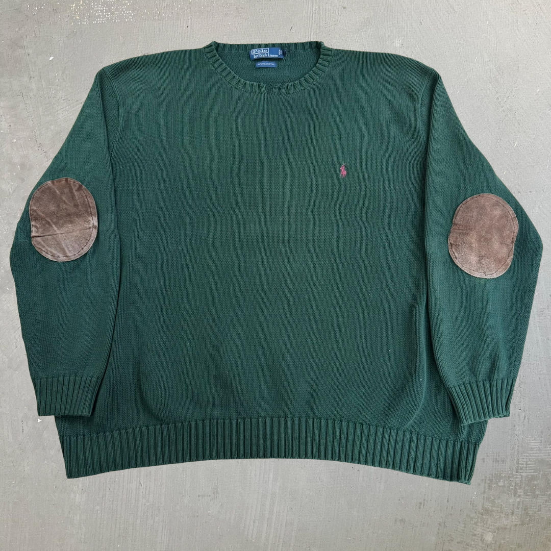 Vintage 90s Polo RL Embroidered Logo Leather Elbows Forest Green Pima Cotton Knit Sweater - 4XL Big