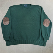 Vintage 90s Polo RL Embroidered Logo Leather Elbows Forest Green Pima Cotton Knit Sweater - 4XL Big