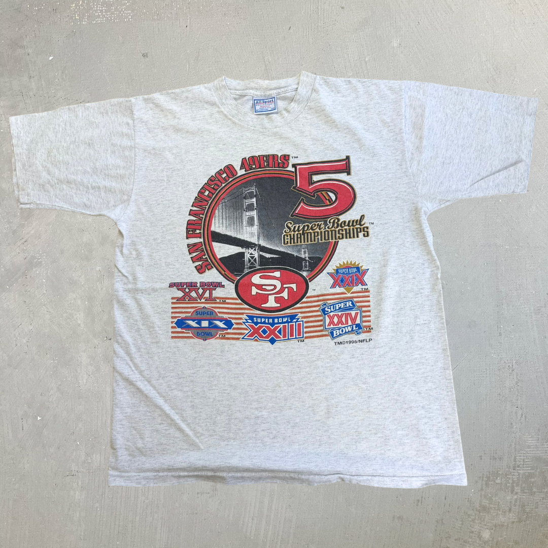 J-  Vintage '95 San Francisco 49ers NFL World 5 Super Bowl Championship Made In USA Single Stitch Tee - L