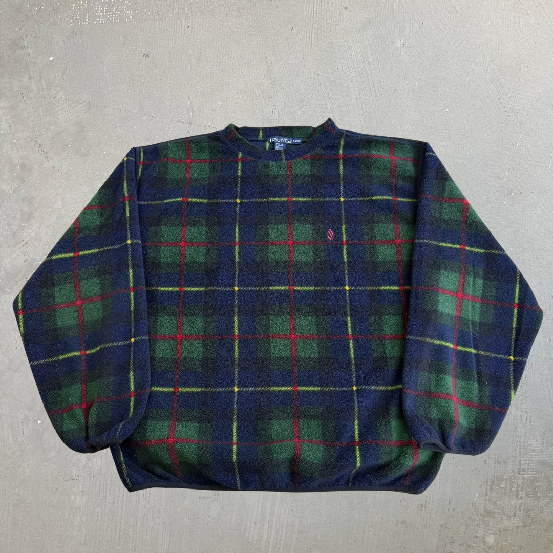 Vintage 90s Nautica Embroidered Logo Plaid Pullover Polar Fleece - XL