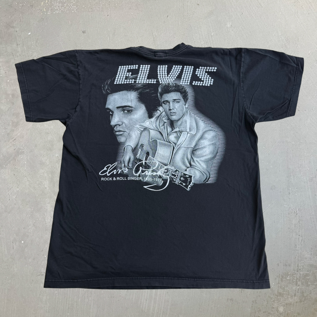 J- Vintage Elvis Presley Playing Guitar Graphic & Text Tee - XL