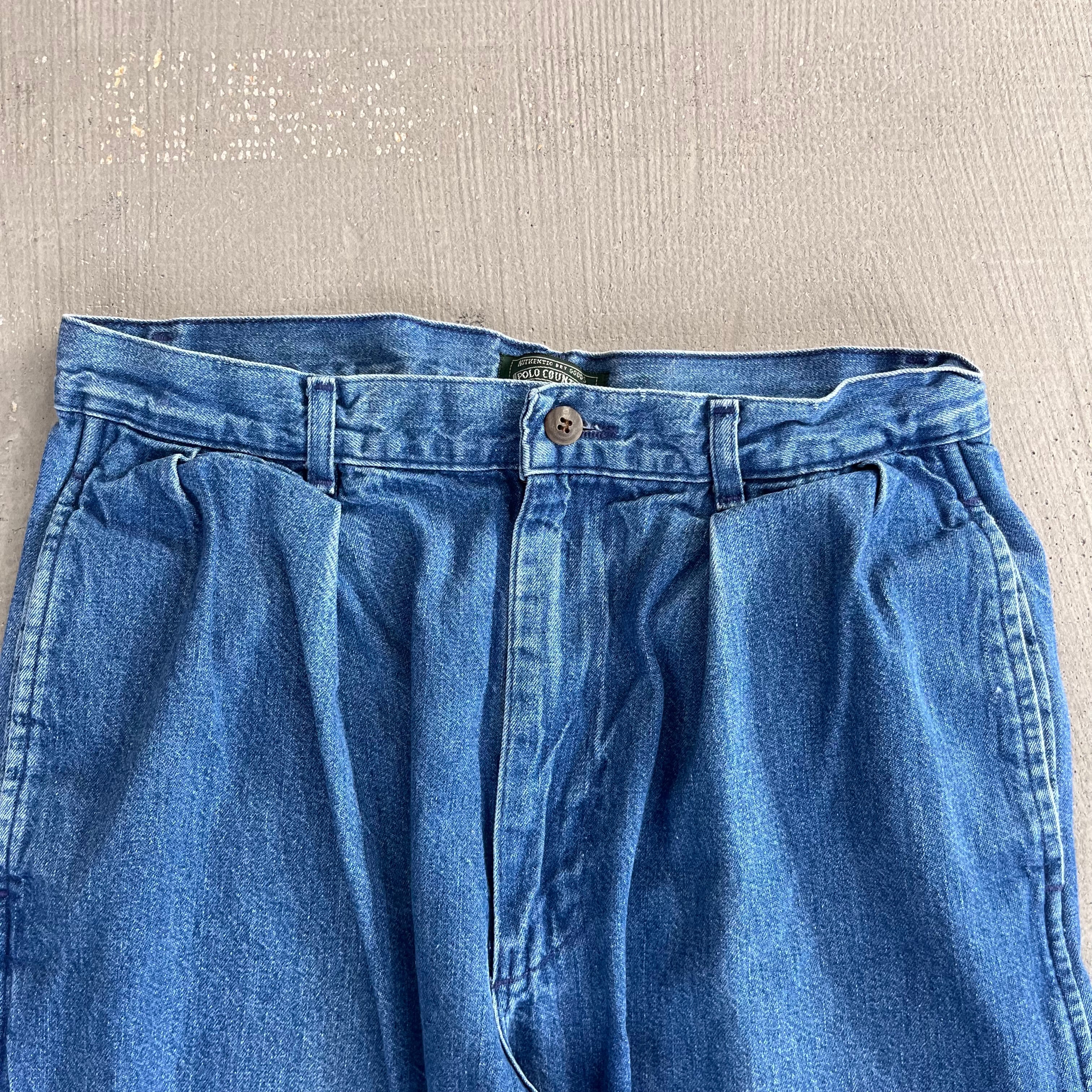 F- Vintage 90s POLO COUNTRY Ralph Lauren Pleated Wide Leg Blue Denim Pants
