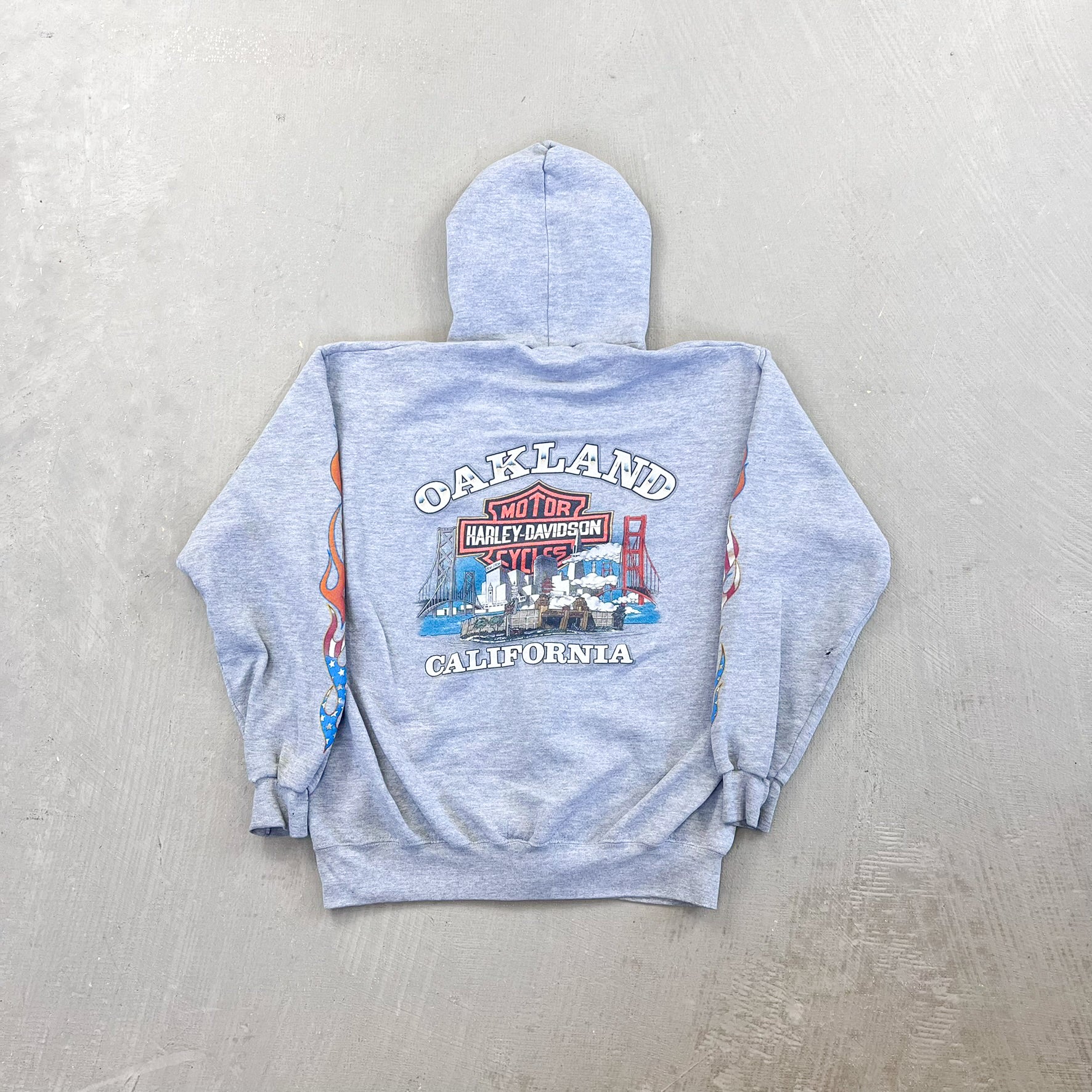 F- Vintage '01 Harley Davidson Oakland Flames Sleeves Zip Up Hoodie