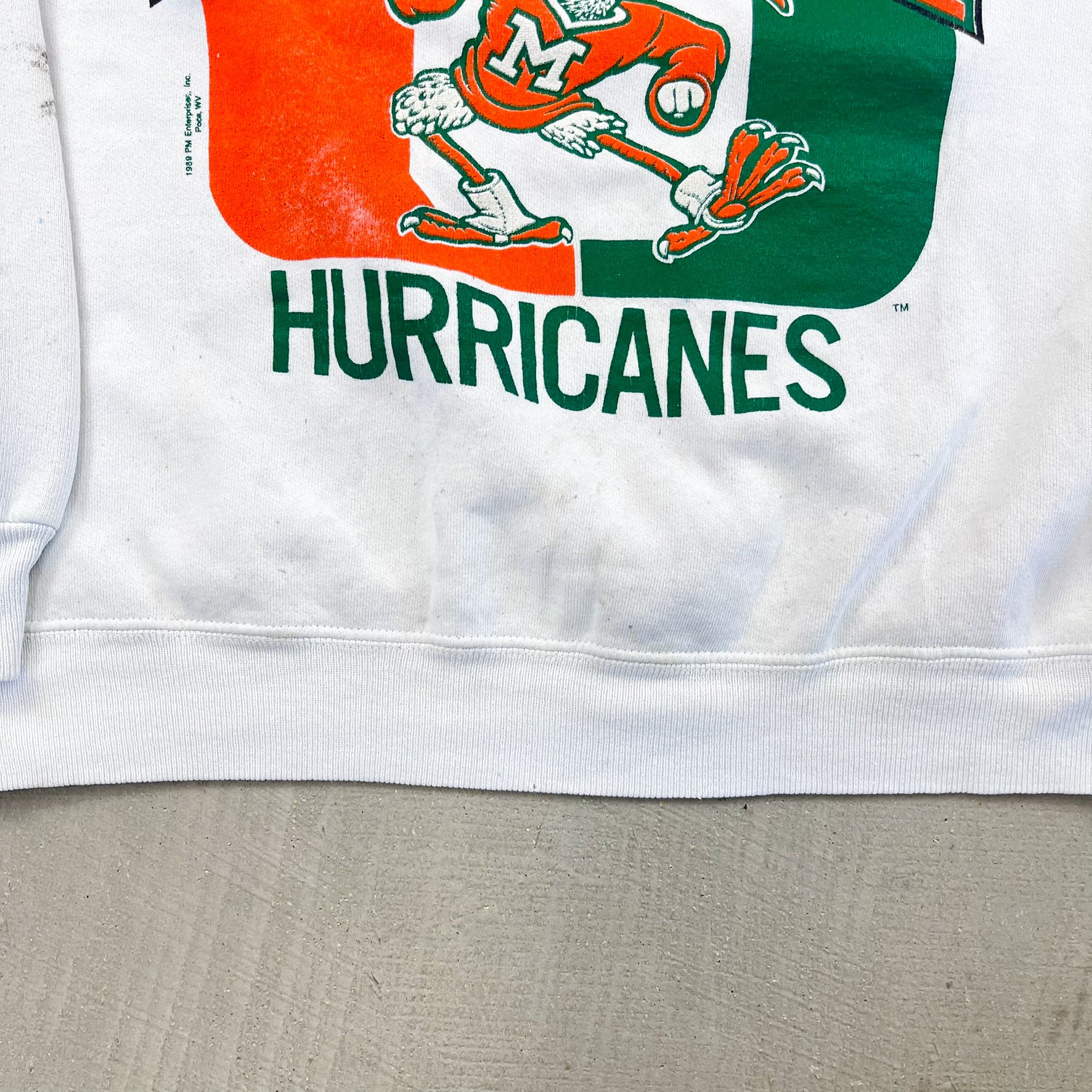 F- Vintage '89 University Of Miami Hurricanes Mascot & Text Lee Crewneck
