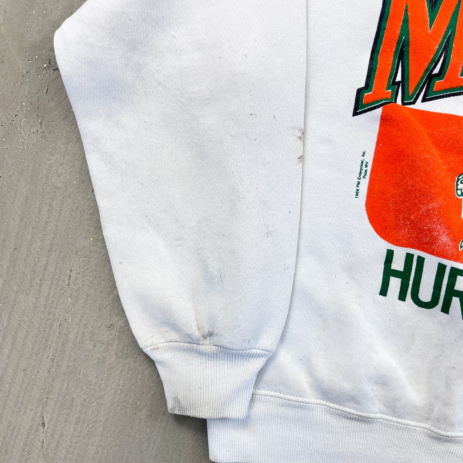 F- Vintage '89 University Of Miami Hurricanes Mascot & Text Lee Crewneck