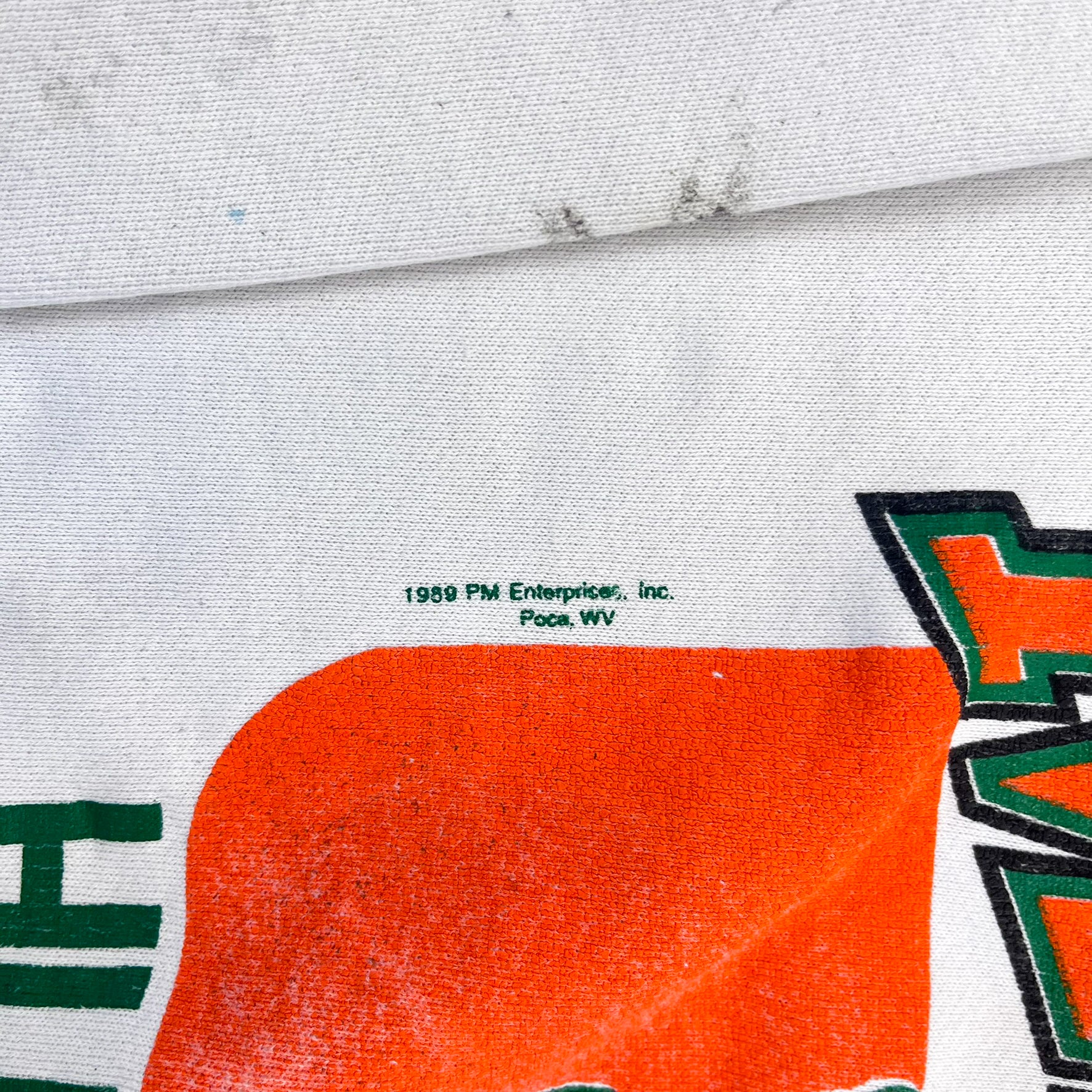 F- Vintage '89 University Of Miami Hurricanes Mascot & Text Lee Crewneck