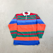 F- Vintage Polo Sport Ralph Lauren Green/Orange/Blue Stripped Rugby Shirt