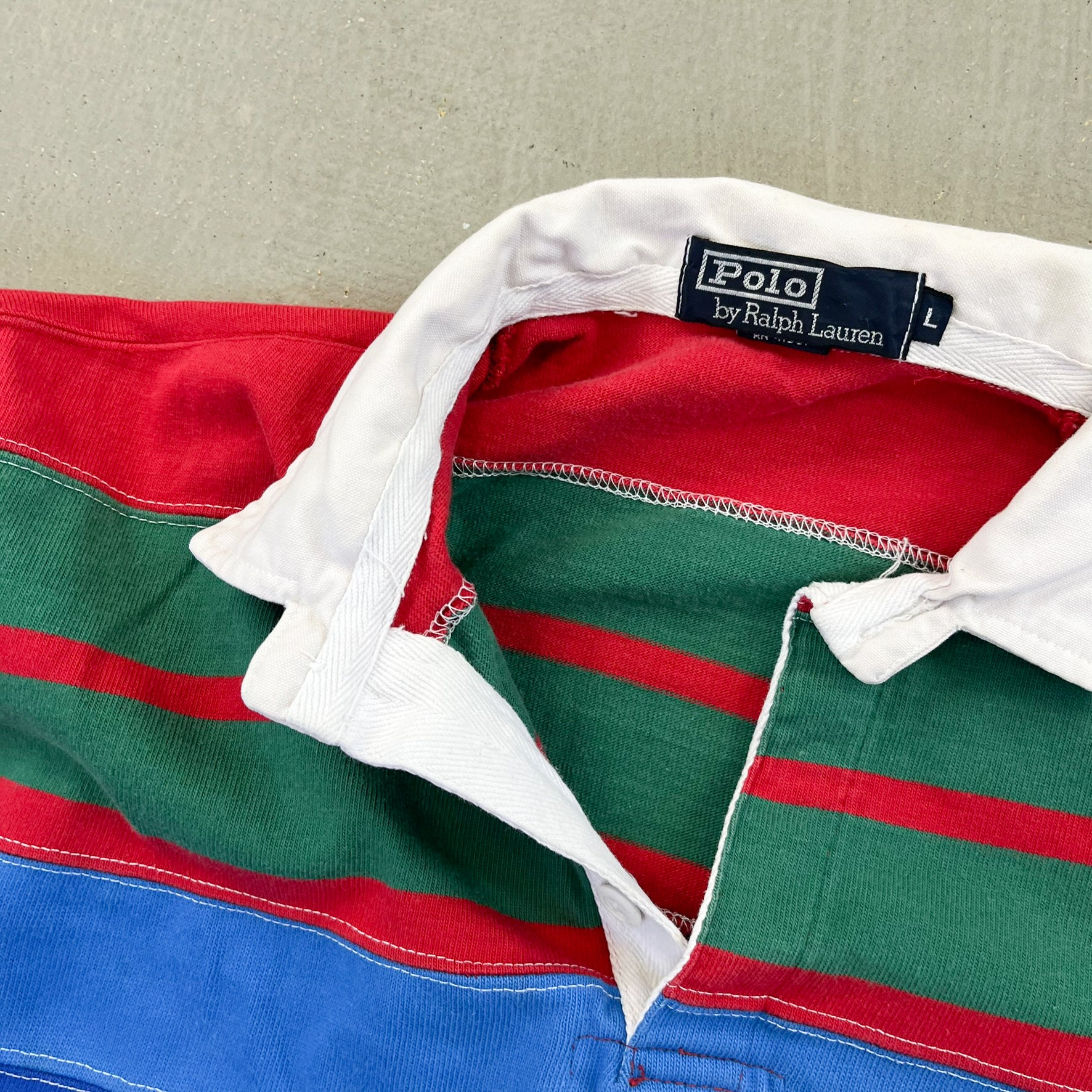 F- Vintage Polo Sport Ralph Lauren Green/Orange/Blue Stripped Rugby Shirt