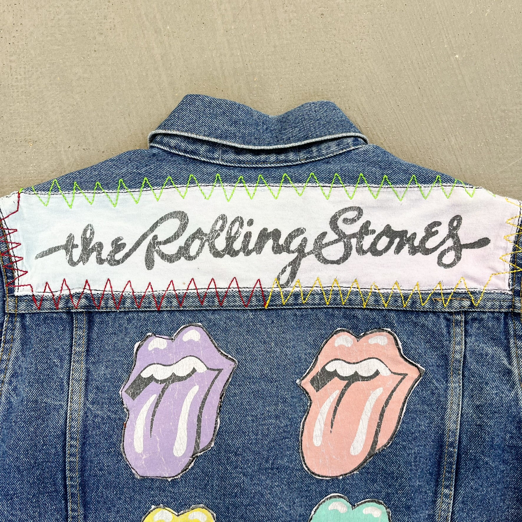 F- HOM Rolling Stones Text & Tongue Logo Reworked Custom Denim Jacket