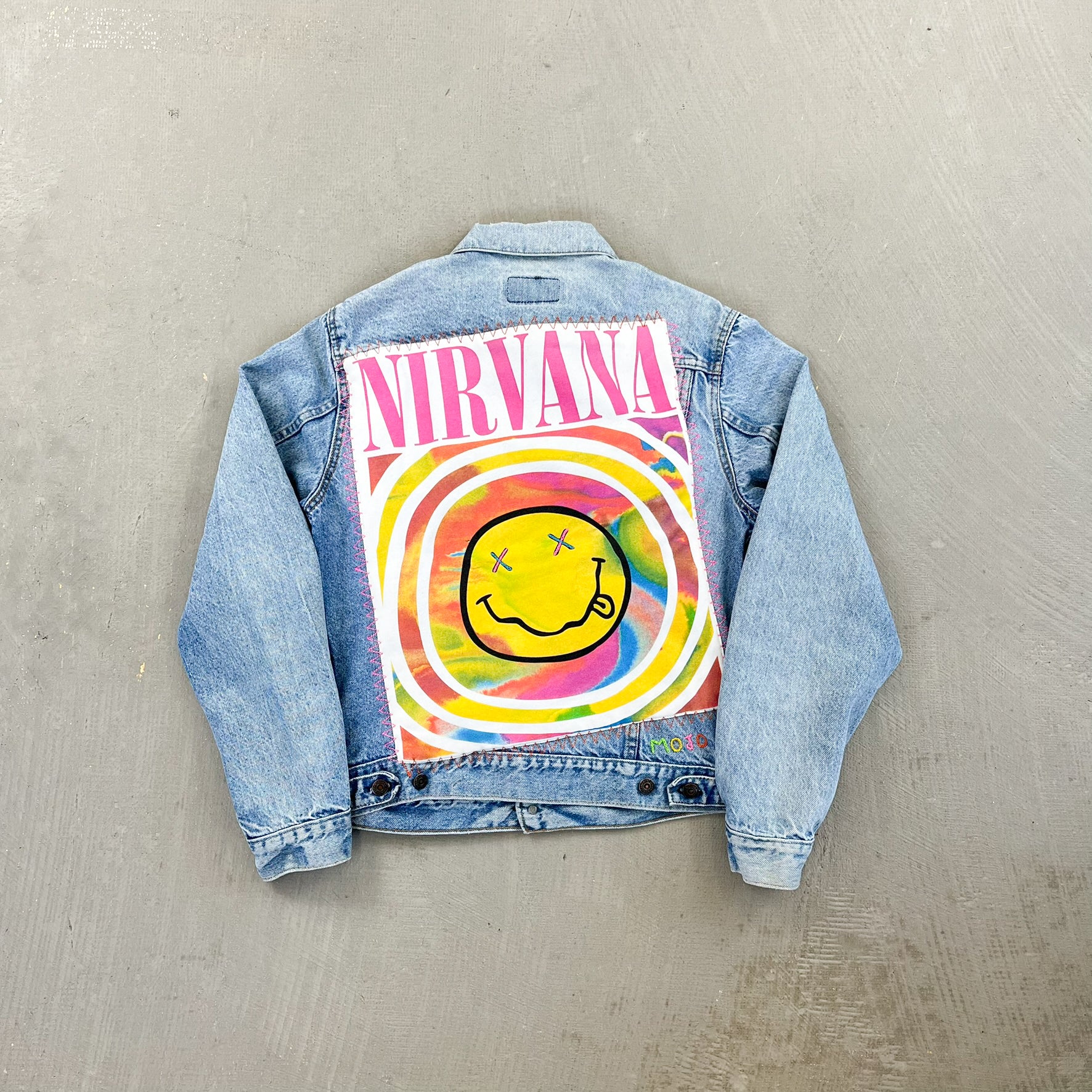 F- HOM Nirvana Text & Smiley Face Reworked Custom Denim Jacket