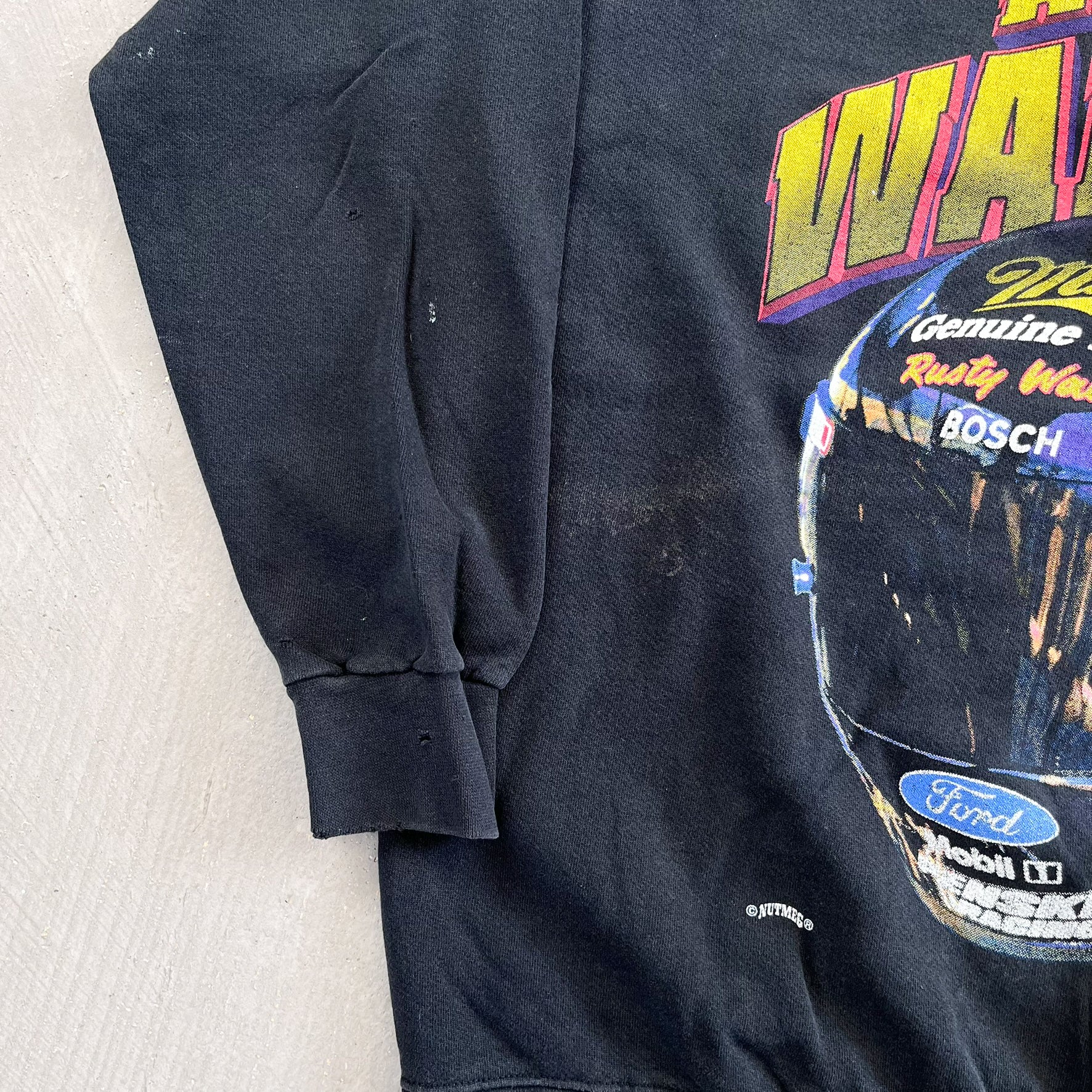 F- Vintage Nascar Rusty Wallace Text & Racing Helmet Graphic Crewneck